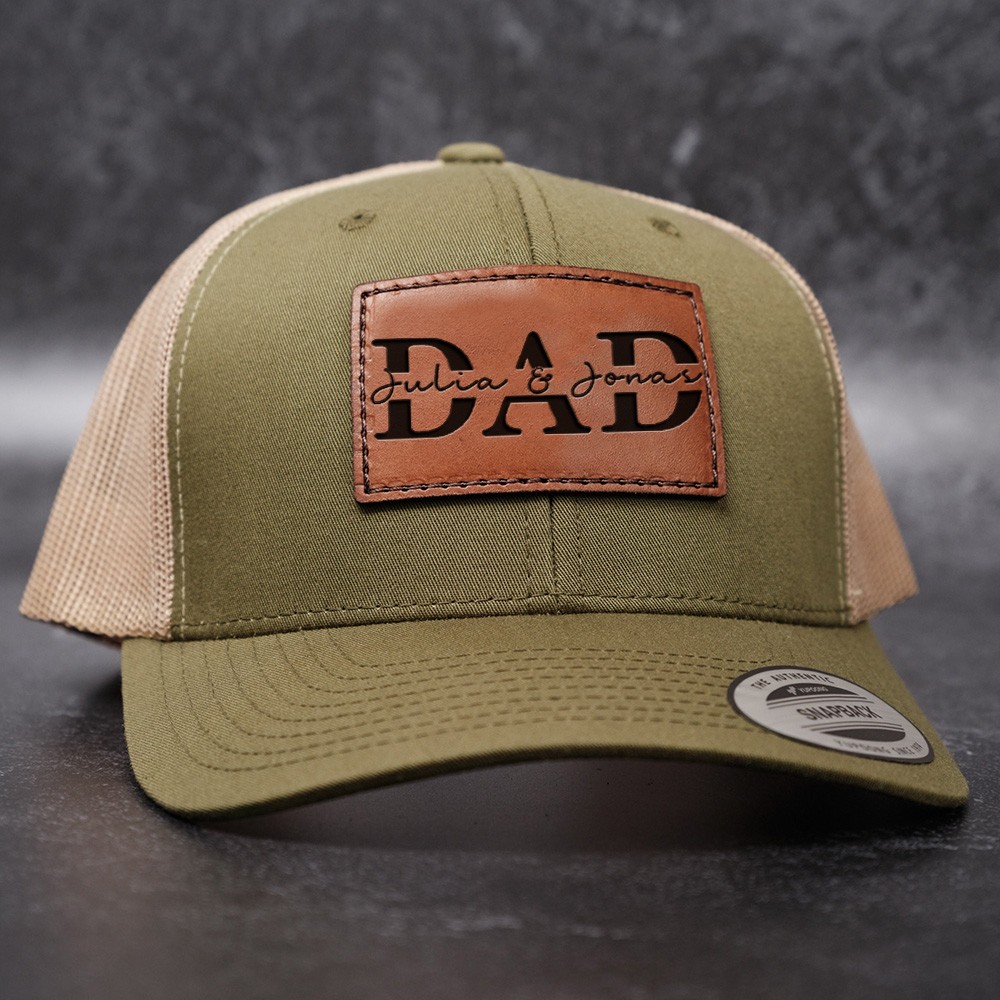 Personalized DAD Real Leather Patch Trucker Hat with Kids Names Father's Day Gift New Dad Gift