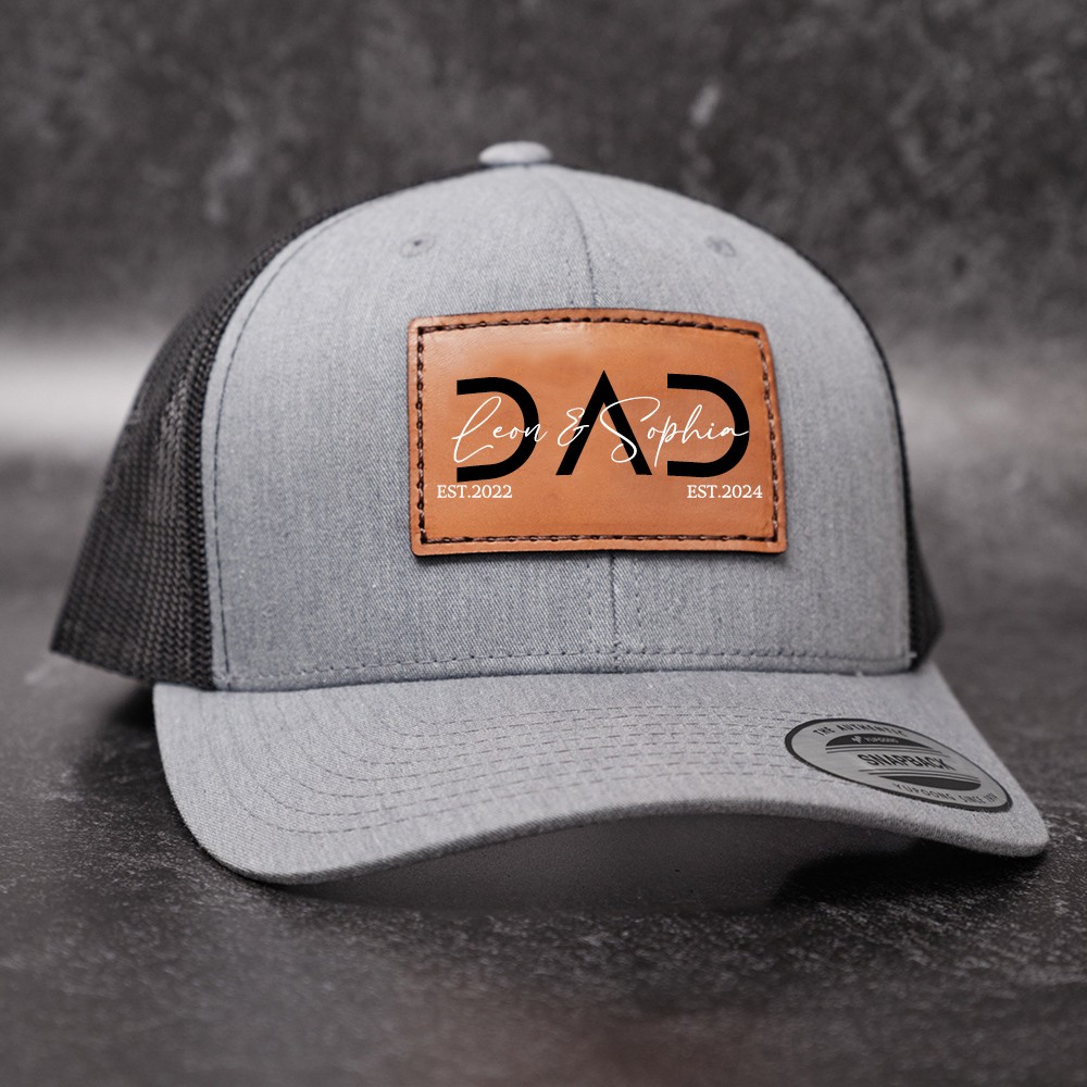 Personalized DAD Real Leather Patch Trucker Hat with Kids Names Father's Day Gift New Dad Gift