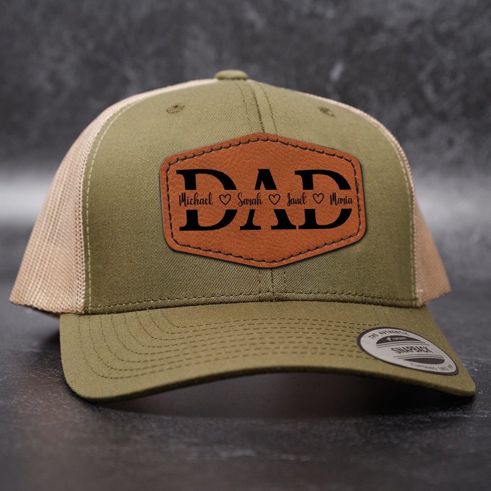 Personalized DAD Real Leather Patch Trucker Hat with Kids Names Father's Day Gift New Dad Gift