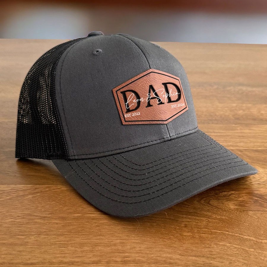 Personalized DAD POP Real Leather Patch Trucker Hat with Kids Names Father's Day Gift New Dad Gift