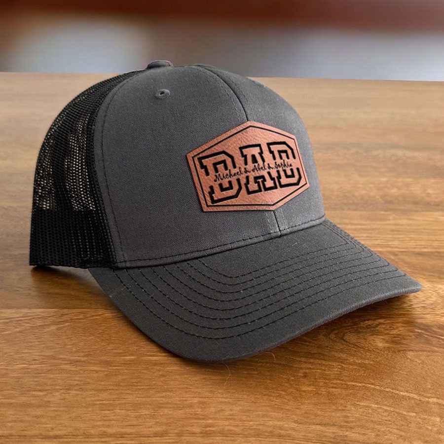 Personalized DAD Real Leather Patch Trucker Hat with Kids Names Father's Day Gift New Dad Gift