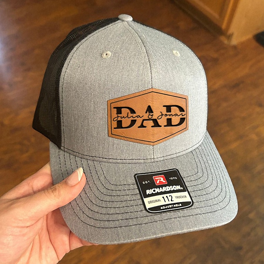 Personalized DAD Real Leather Patch Trucker Hat with Kids Names Father's Day Gift New Dad Gift