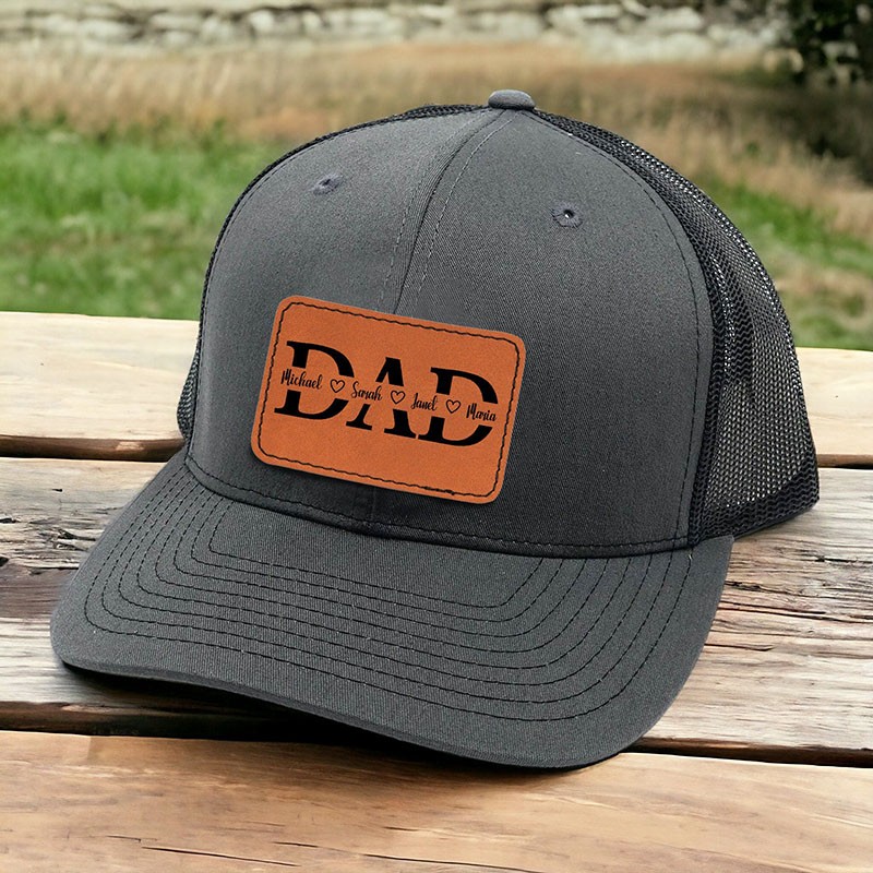 Personalized DAD Real Leather Patch Trucker Hat with Kids Names Father's Day Gift New Dad Gift