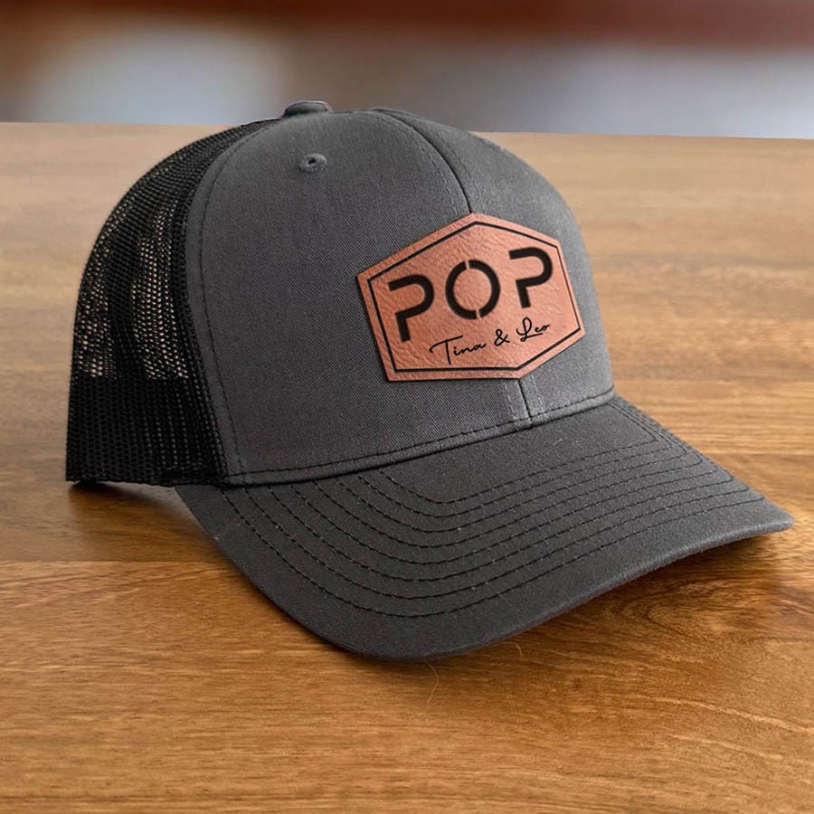 Personalized POP DAD Real Leather Patch Trucker Hat with Kids Names Father's Day Gift New Dad Gift