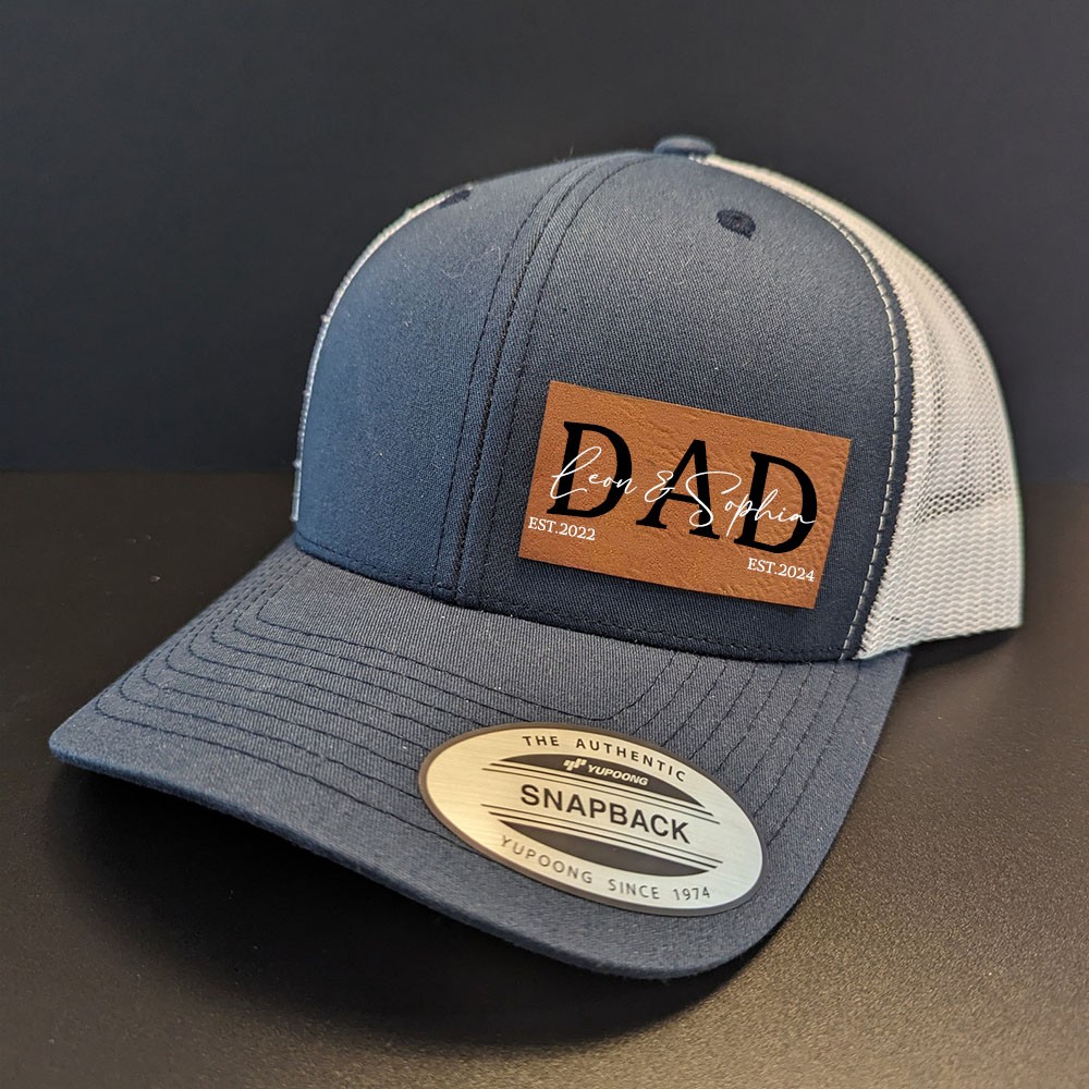 Personalized POP DAD Real Leather Patch Trucker Hat with Kids Names Father's Day Gift New Dad Gift