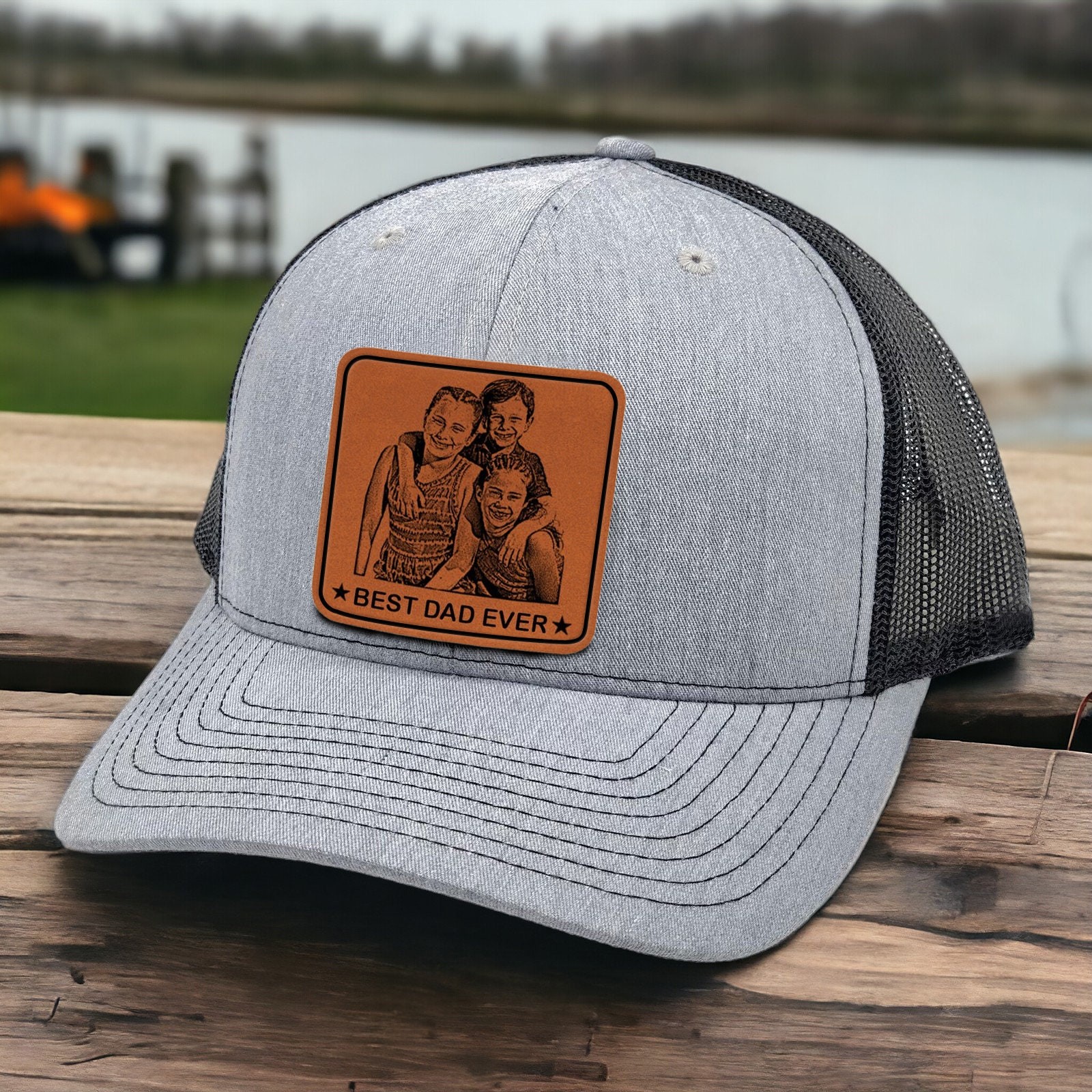 Personalized Best Dad Ever Trucker Hat Engraved with Photo Custom Father's Day Gift Leather Patch Cap