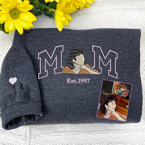 Embroidered Mama Sweatshirt, Mama Est With Kids Name On sleeve, Custom Portrait From Photo Shirt