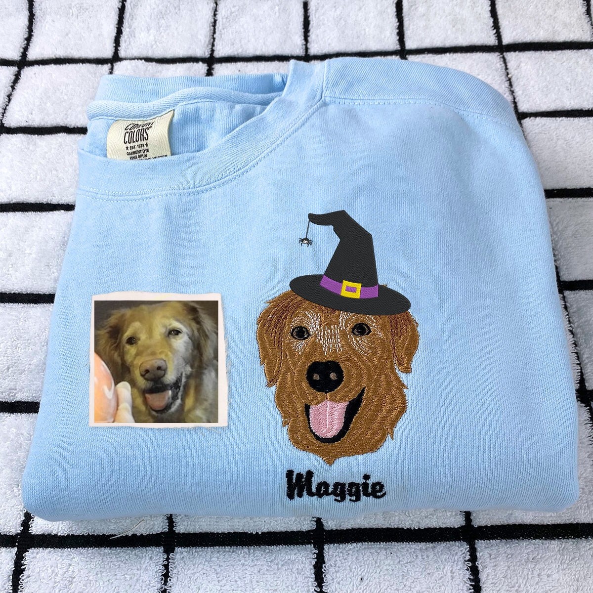 Comfort Colors® Custom Embroidered Dog Portrait with Halloween Witch Hat Portrait T-Shirt or Sweatshirt