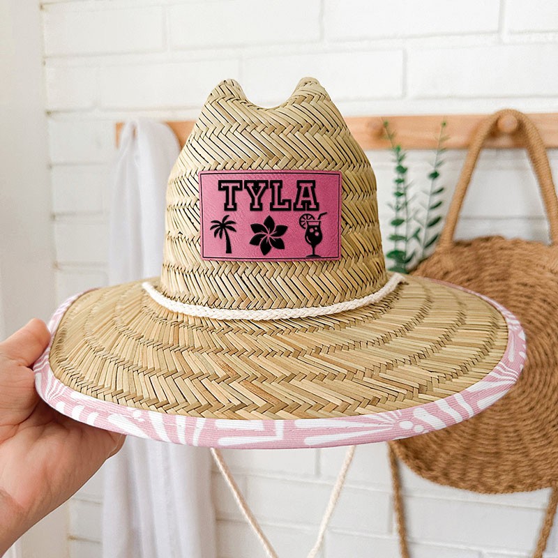 Personalized Leather Name Patch Straw Hat Sun Hat With Name and Symbols Gift for Toddler Child Adult